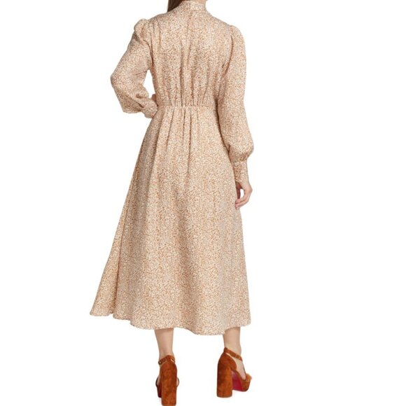 Like New Elie Tahari Beige and Cream Floral Printed Tie Front A Line Midi Dress - Picture 4 of 14